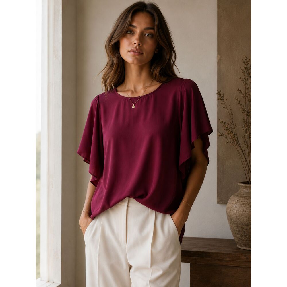 Amanda Uprichard 100% Silk Burgundy Flutter Sleeve Blouse Women's M Made in USA